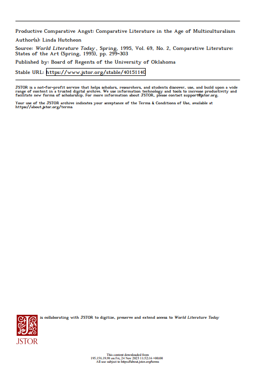 Productive Comparative Angst: Comparative Literature in the Age of Multiculturalism