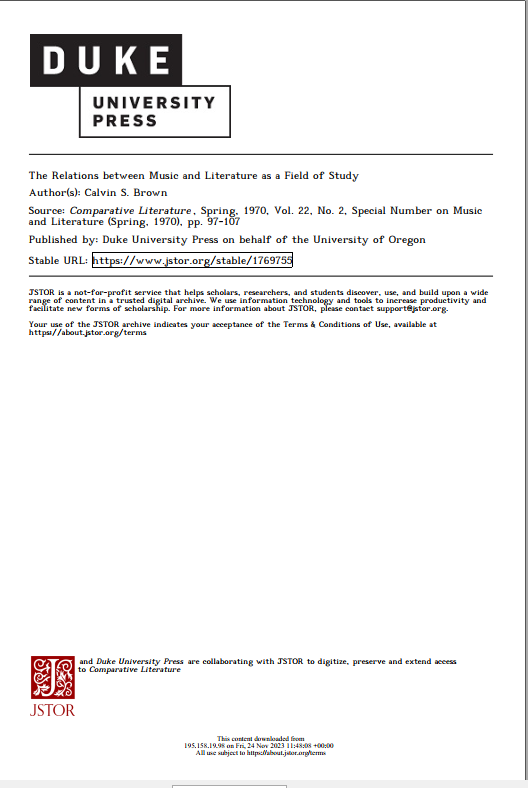 The Relations between Music and Literature as a Field of Study