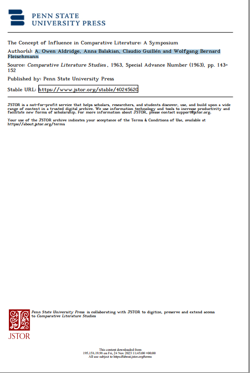 The Concept of Influence in Comparative Literature: A Symposium