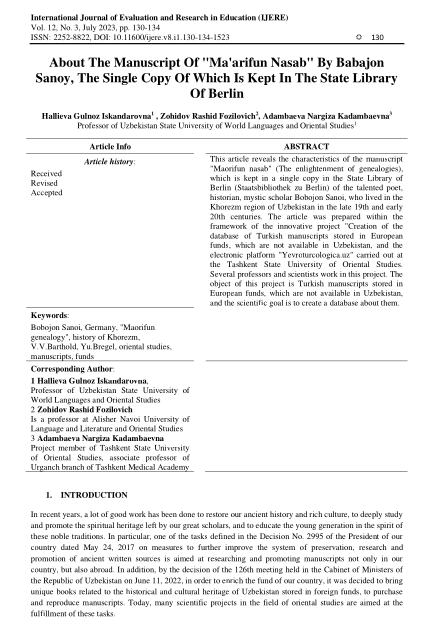 About The Manuscript Of "Ma'arifun Nasab" By Babajon Sanoy, The Single Copy Of Which Is Kept In The State Library Of Berlin