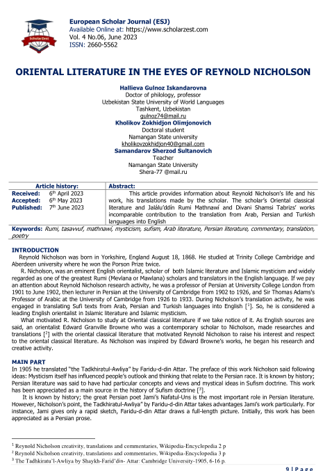 ORIENTAL LITERATURE IN THE EYES OF REYNOLD NICHOLSON