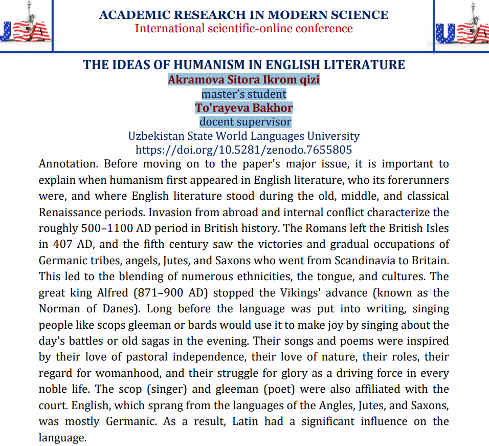 THE IDEAS OF HUMANISM IN ENGLISH LITERATURE