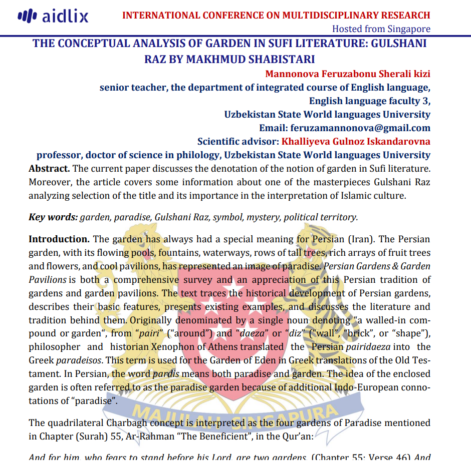 THE CONCEPTUAL ANALYSIS OF GARDEN IN SUFI LITERATURE: GULSHANI RAZ BY MAKHMUD SHABISTARI
