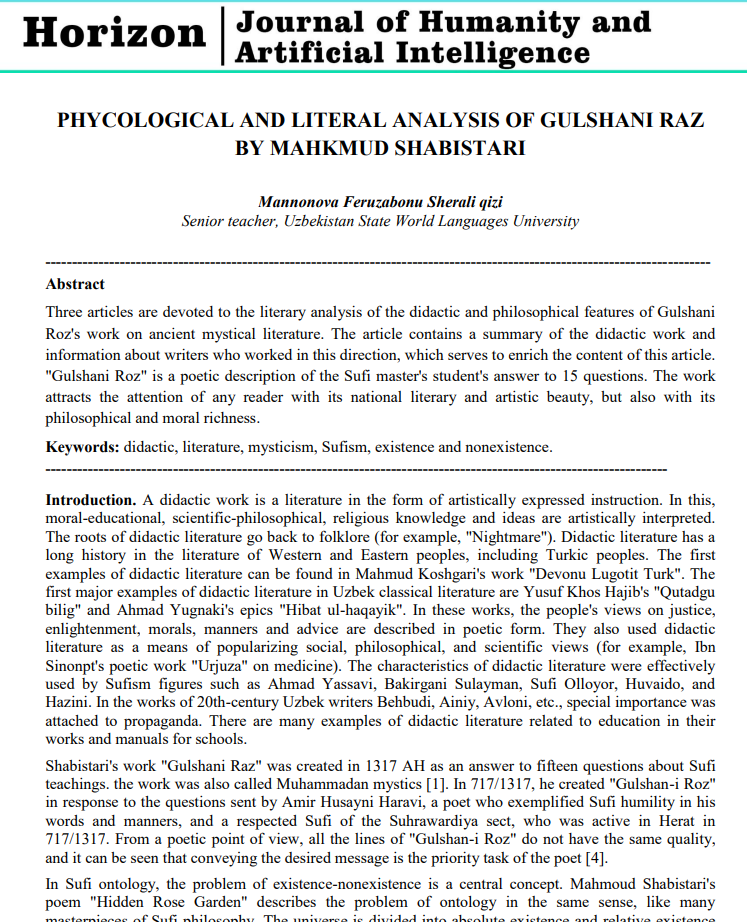 PHYCOLOGICAL AND LITERAL ANALYSIS OF GULSHANI RAZ BY MAHKMUD SHABISTARI