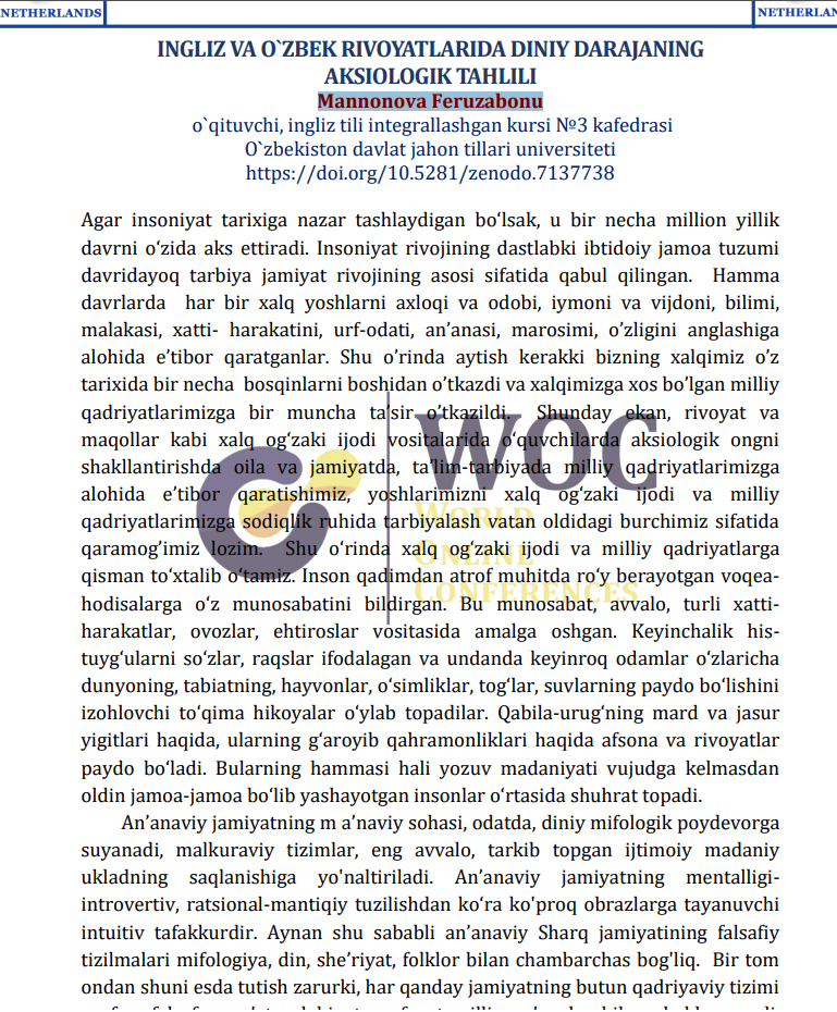 INGLIZ VA O`ZBEK RIVOYATLARIDA DINIY DARAJANING AKSIOLOGIK TAHLILI