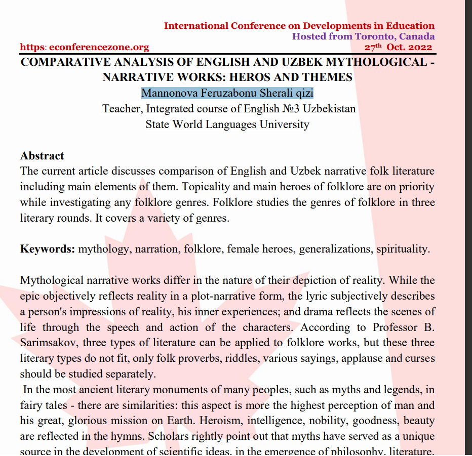 COMPARATIVE ANALYSIS OF ENGLISH AND UZBEK MYTHOLOGICAL -
NARRATIVE WORKS: HEROS AND THEMES