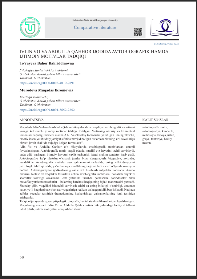 IVLIN VO VA ABDULLA QAHHOR IJODIDA AVTOBIOGRAFIK HAMDA IJTIMOIY MOTIVLAR TADQIQI