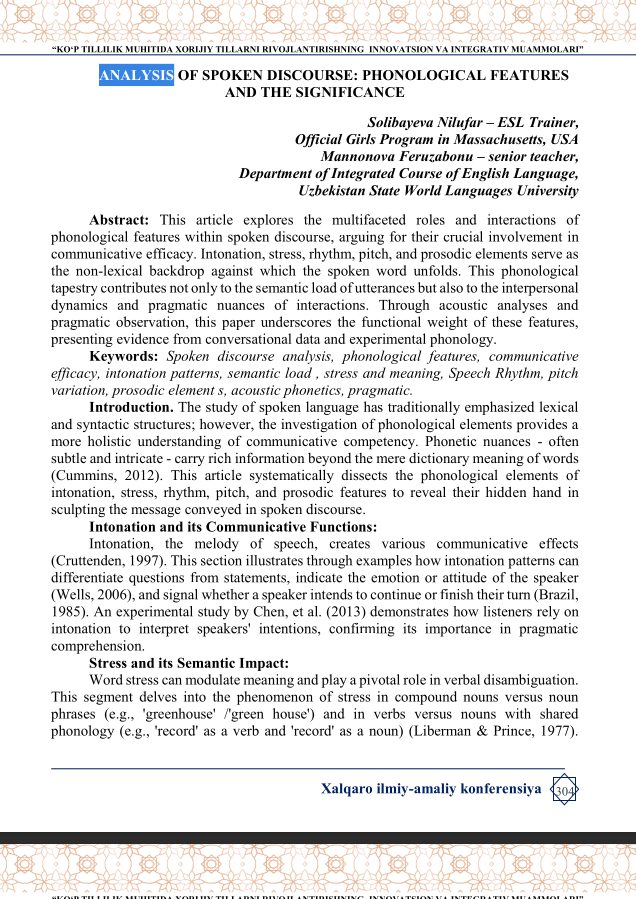 ANALYSIS OF SPOKEN DISCOURSE: PHONOLOGICAL FEATURES AND THE SIGNIFICANCE