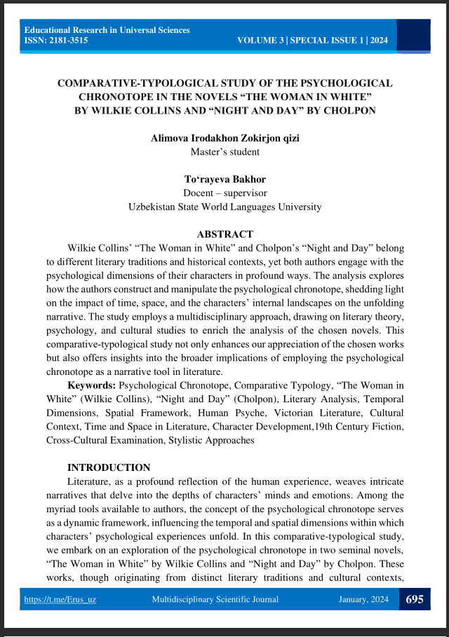 COMPARATIVE-TYPOLOGICAL STUDY OF THE PSYCHOLOGICALCHRONOTOPE IN THE NOVELS “THE WOMAN IN WHITE”BY WILKIE COLLINS AND “NIGHT AND DAY” BY CHOLPON