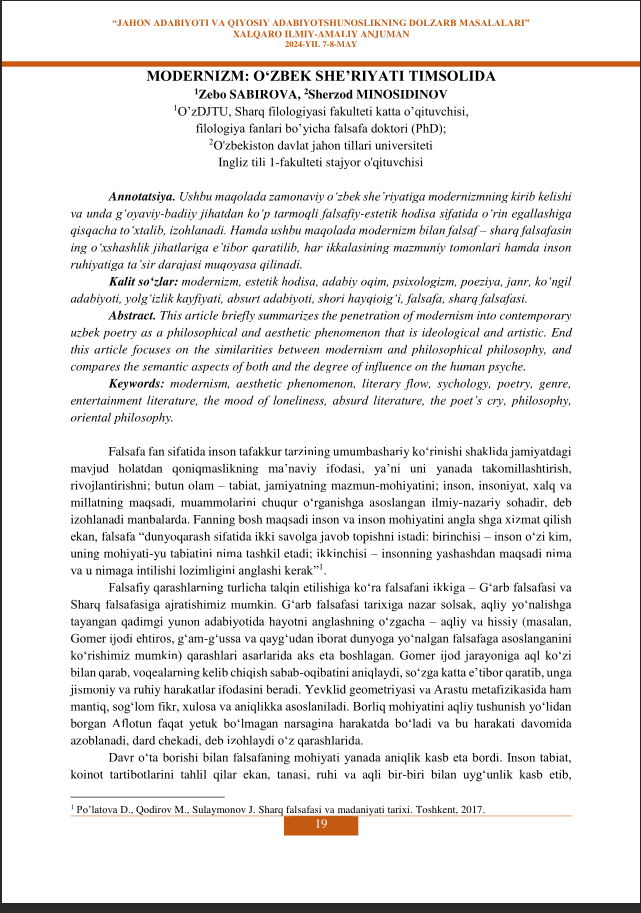 MODERNIZM: O‘ZBEK SHE’RIYATI TIMSOLIDA