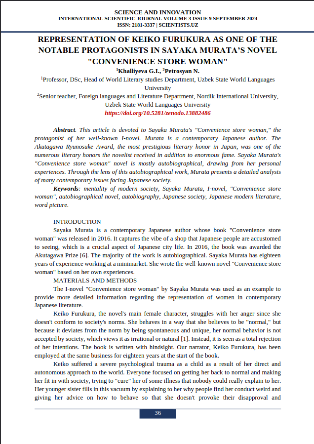 REPRESENTATION OF KEIKO FURUKURA AS ONE OF THE NOTABLE PROTAGONISTS IN SAYAKA MURATA’S NOVEL "CONVENIENCE STORE WOMAN"