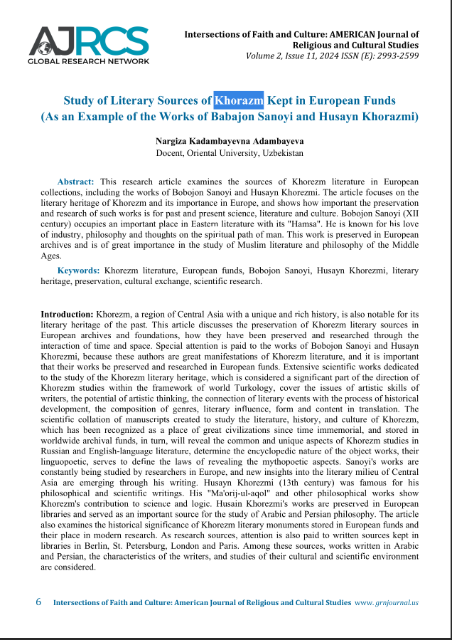 Study of Literary Sources of Khorazm Kept in European Funds (As an Example of the Works of Babajon Sanoyi and Husayn Khorazmi)
