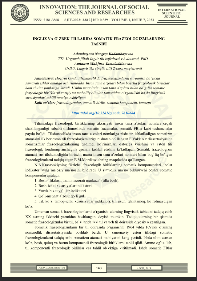 INGLIZ VA O`ZBEK TILLARIDA SOMATIK FRAZEOLOGIZMLARNING TASNIFI