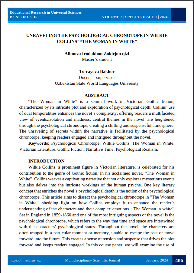 UNRAVELING THE PSYCHOLOGICAL CHRONOTOPE IN WILKIE COLLINS’ “THE WOMAN IN WHITE”
