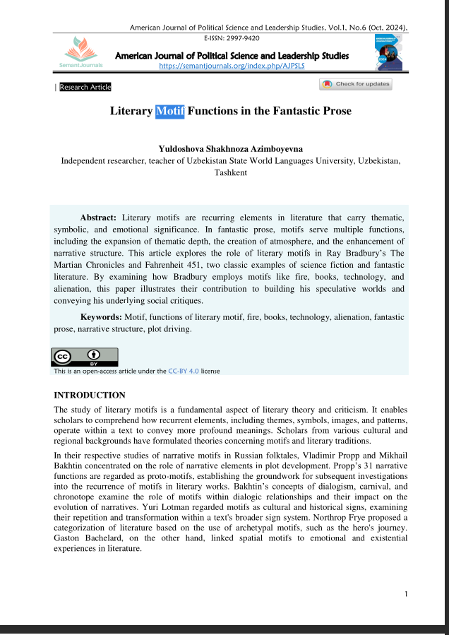 Literary Motif Functions in the Fantastic Prose